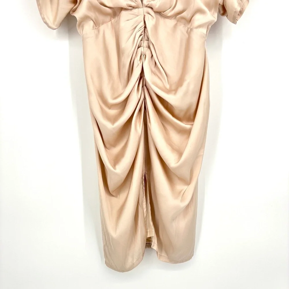 NWT Aakaa Satin Ruched‎ Midi Dress Sheath V Neck Champagne Beige Lined Draped L - Picture 10 of 14